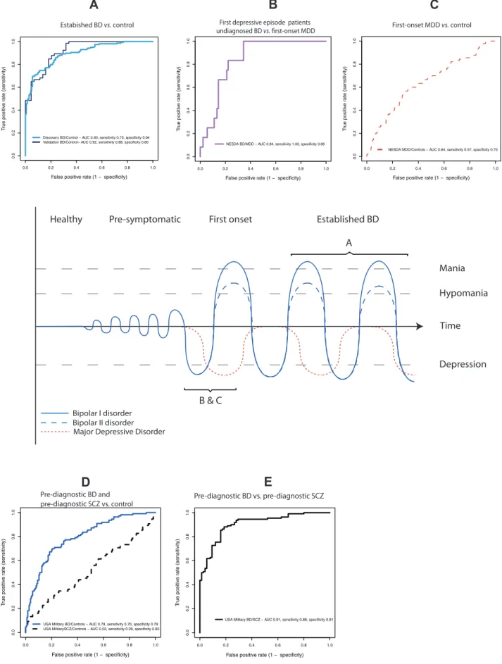 Fig. 1. A summary of the typical disease progression of BD and ROC curves derived from the discovery, validation and application stages