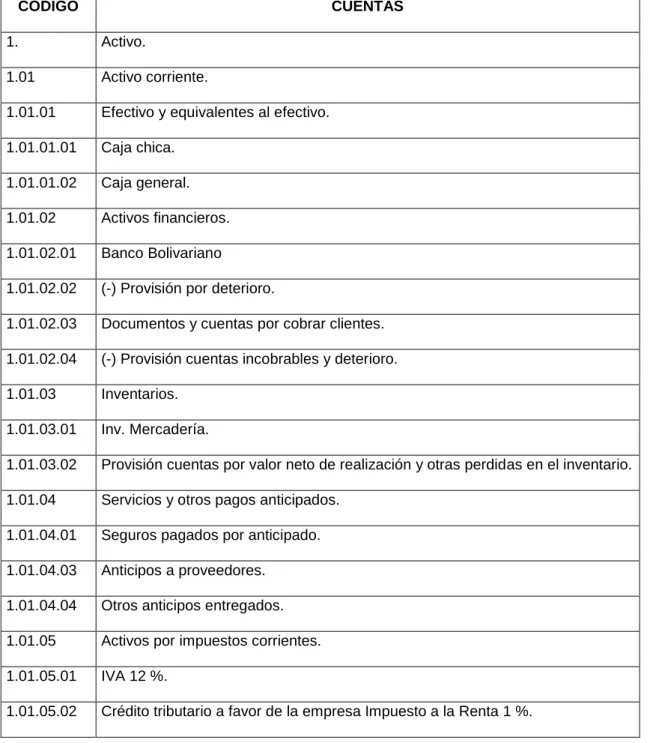 Tabla 4. Plan de Cuentas. 