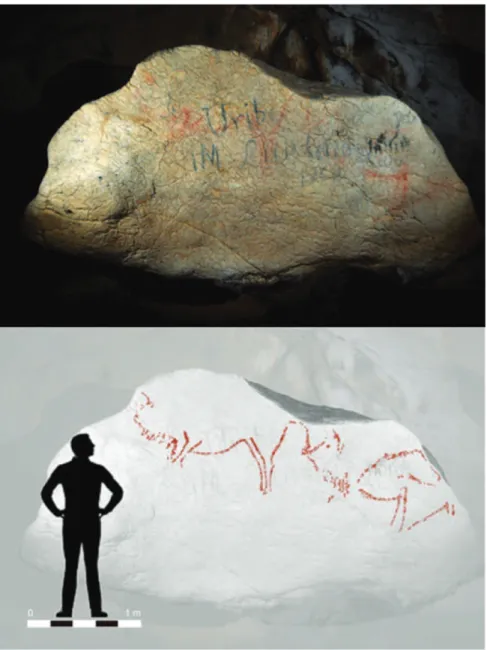 Figure 11. Large red bison found in Lumentxa cave covered with graf ﬁti (after Garate, Rios- Rios-Garaizar, and Ruiz-Redondo 2013).