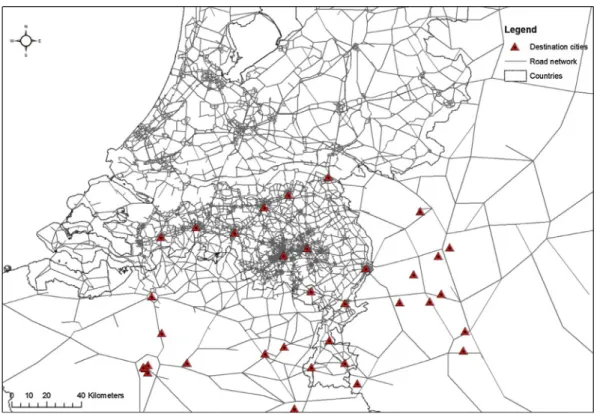 Fig. 4. Destination cities and the road network.