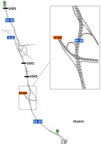 Figure 4.  West Madrid motorway ring-road and the 5.8 km. test section (from A to B) with the location of the Variable Message 