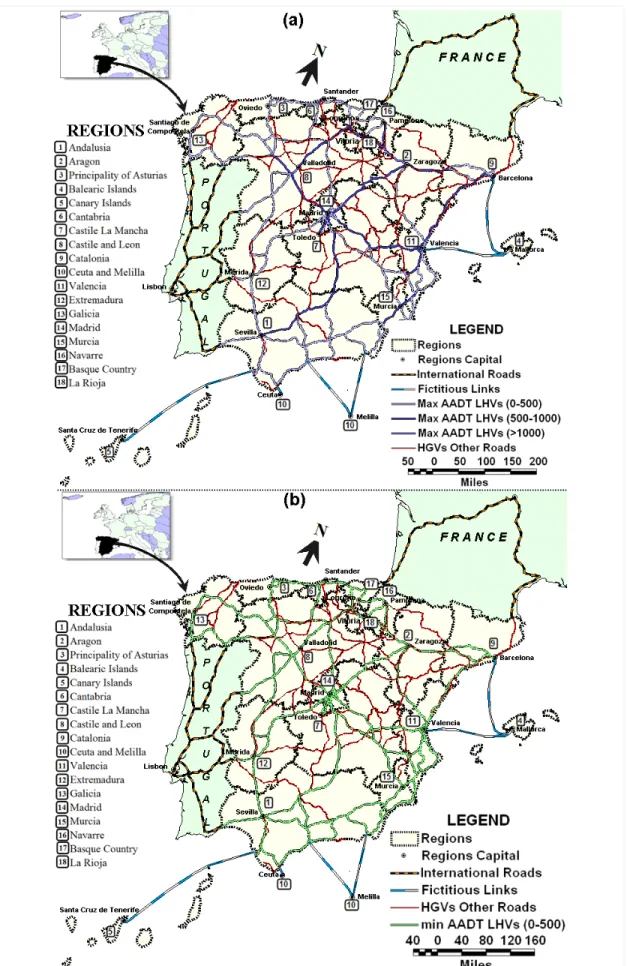 Fig. 4 – Annual Average Daily Traffic LHVs (LHVs/day) (a) Max; (b) min 