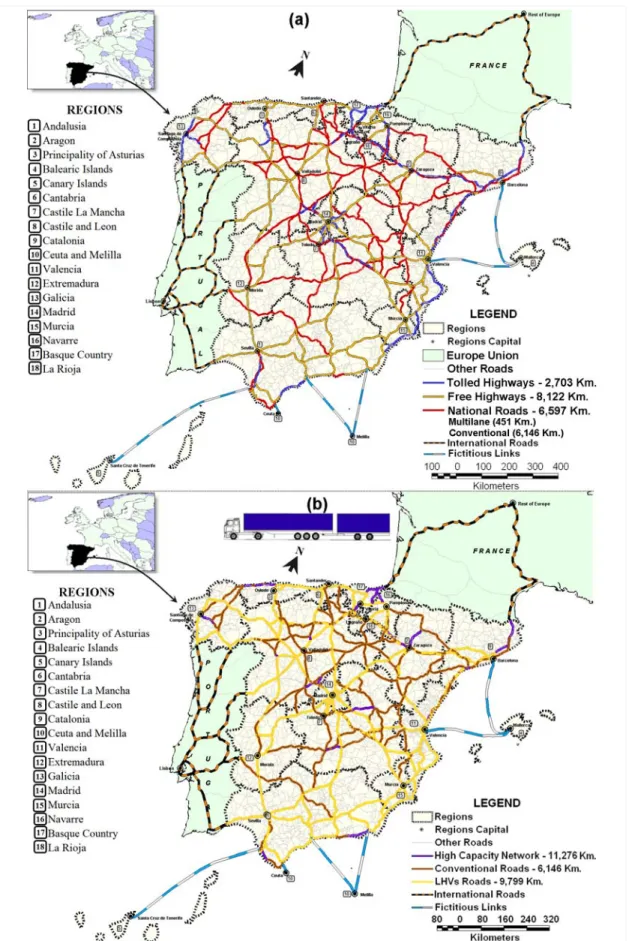 Fig. 2 – Road Network for Freight Transportation: (a) Base-Case; (b) LHVs Scenario. 