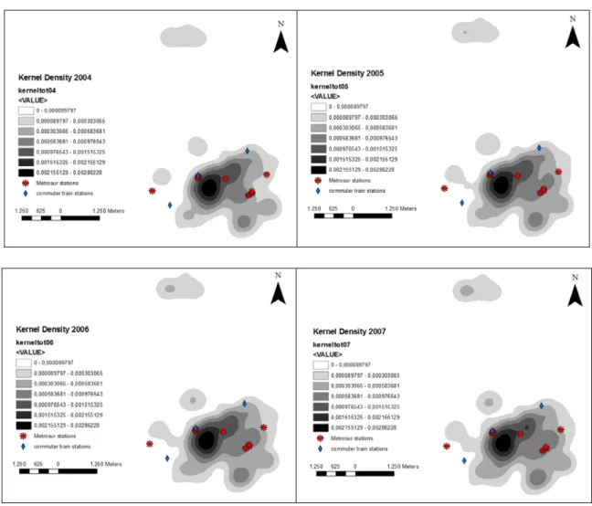 Figure 6 – business intensity surface for different years in Alcorcon 