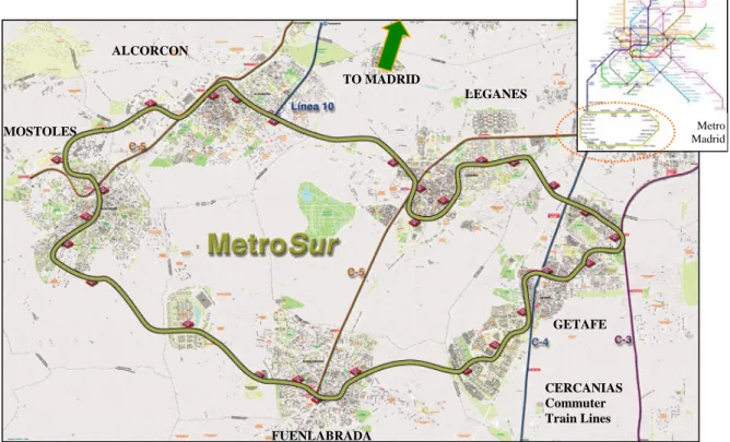 Figure 2 - Map of Metrosur and its connection to Madrid City 