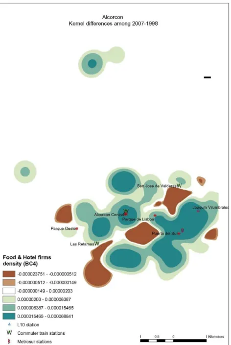 Fig. 8. Kernel density maps for different types of economic activities. They show the difference in economic activities between 2007 and 1998