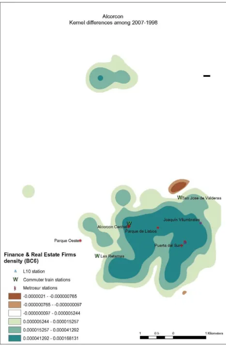 Fig. 10. Kernel density maps for different types of economic activities. They show the difference in economic activities between 2007 and 1998