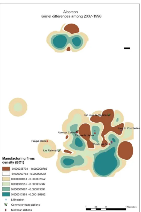 Fig. 5. Kernel density maps for different types of economic activities. They show the difference in economic activities between 2007 and 1998