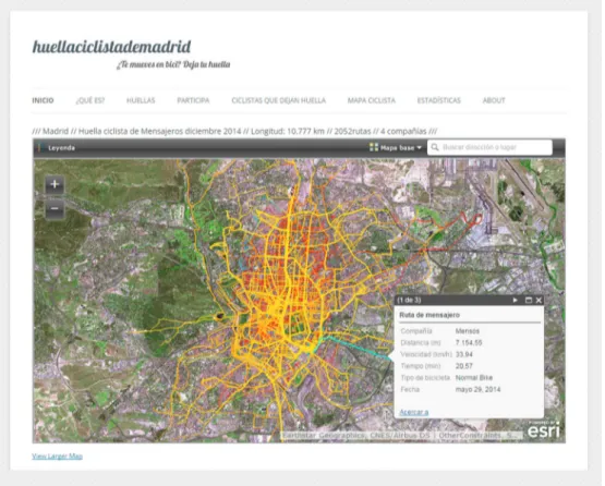 Figure 4. Screenshot of the online map illustrating bike messengers ’ mobility and a pop-up window with information about the selected route.