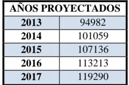 Tabla Nro. 25 Oferta Proyectado  AÑOS PROYECTADOS  2013  94982  2014  101059  2015  107136  2016  113213  2017  119290 