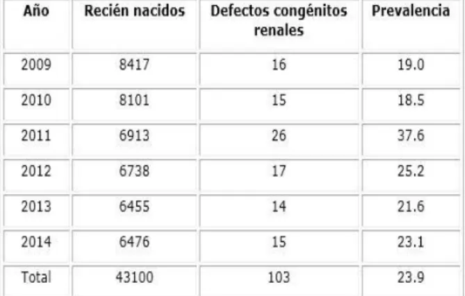 Tabla  1:  Prevalencia  de  los  defectos  congénitos  renales  por  año.  Pinar  del  Río,  2009-2014  