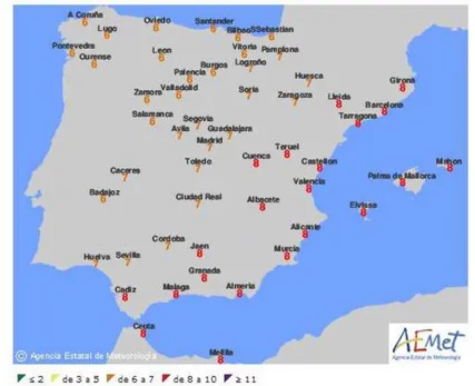 Ilustración 1.  Ejemplo del uso y condiciones del índice UV. Por la AEM.  [6]