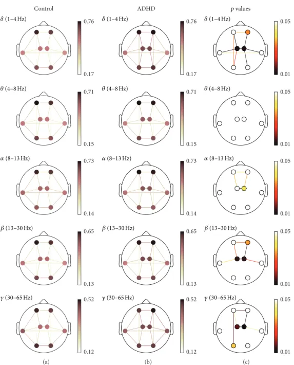 Figure 2: COH spatial analyses. (a) and (b) depict COH values for controls and ADHD patients, respectively