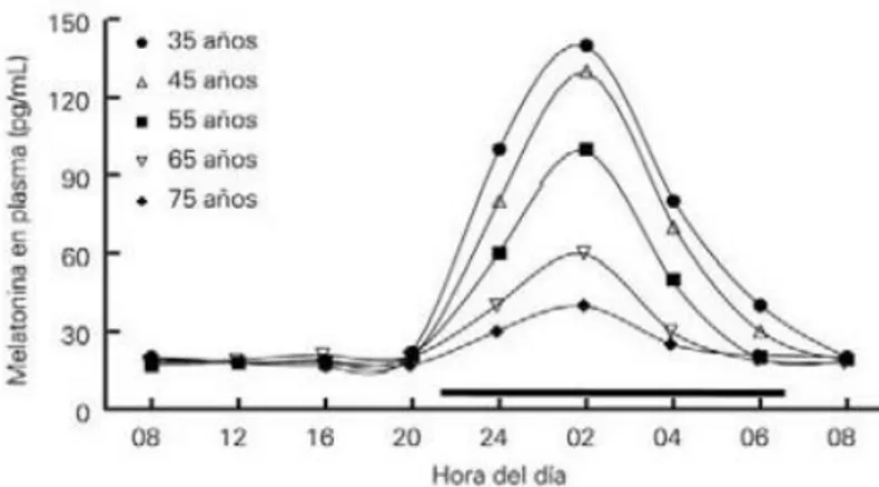 Figura 9: Niveles plasmáticos de melatonina a lo largo del día por edad (7) 