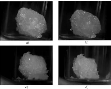 Figure 2.  Pictures from experimental melting point measurements with pressurized CO 2  in the high pressure  view cell: a) [Amim][Cl] at room temperature and vacuum; b) [Amim][Cl] at 40 bar and 313 K (observe the 