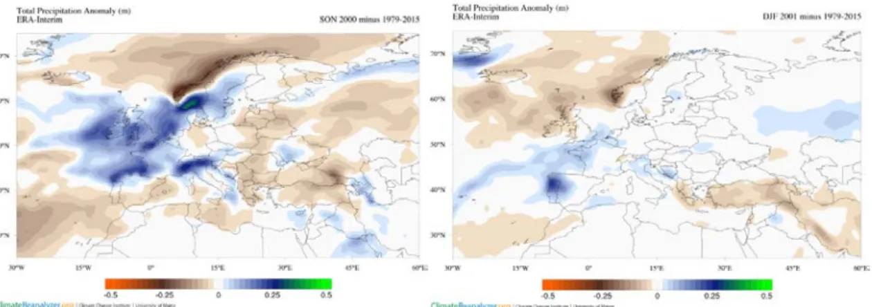 Figura 13: Mapas de anomalías de la precipitación correspondientes al otoño de 2000 e  invierno de 2001