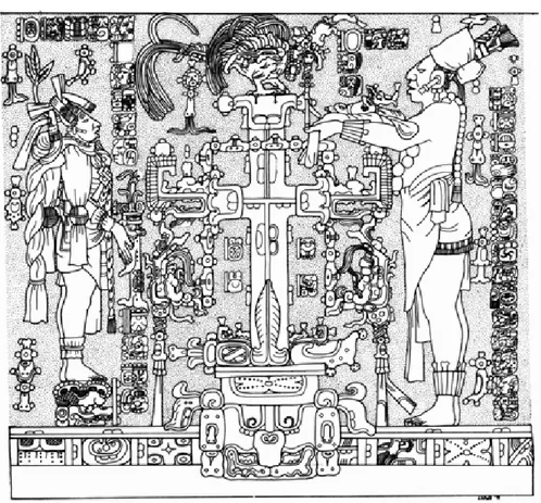 Figura 6. Escena del Tablero de la Cruz. A la izquierda se ve la figura, K’inich Kan Balam como joven, en un rito de iniciación; a la derecha K’inich Kan Balam, como hombre maduro, en el momento de su ascensión al poder el año de 684