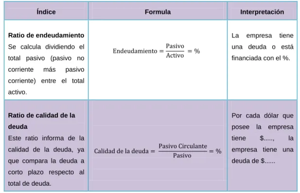 Tabla N° 2.- Ratios de Endeudamiento   