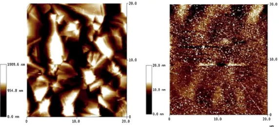 Fig. 3. AFM micrographs of rough (a) and nucleation side surface (b) of NCD. 