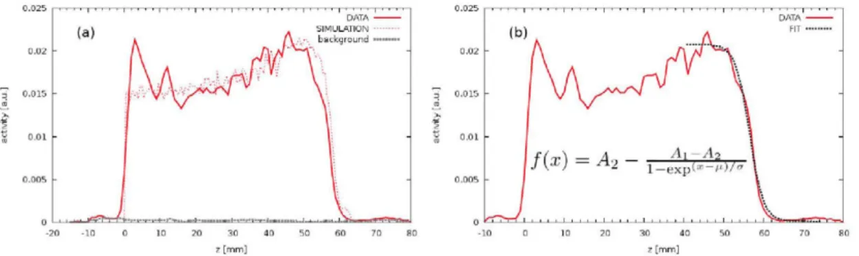 Figure 2. Figure (a) shows the normalized experimental and simulated activity profile along the z (beam) 