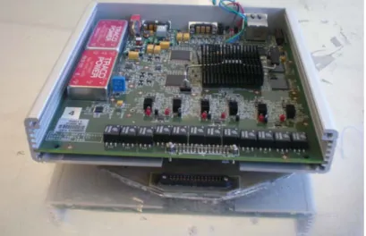 Figure 2.  PAMELA  III  hardware,   with  all  its  electronic   and mechanical components inside the  aluminum box, placed over the piezoelectric transducer adapter bonded to the structure in order to  perform SHM tests
