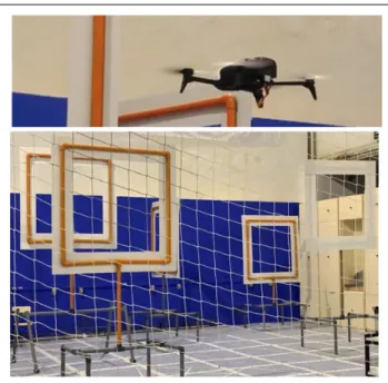 Figure 9 shows the area that we used for experimental flights with frames to cross. In these tests, we used an aerial vehicle Parrot Bebop 2, and a laptop computer with the  fol-lowing features: CPU Intel i7-7700HQ, 8 cores, 2.8 GHz, and 16 GB RAM