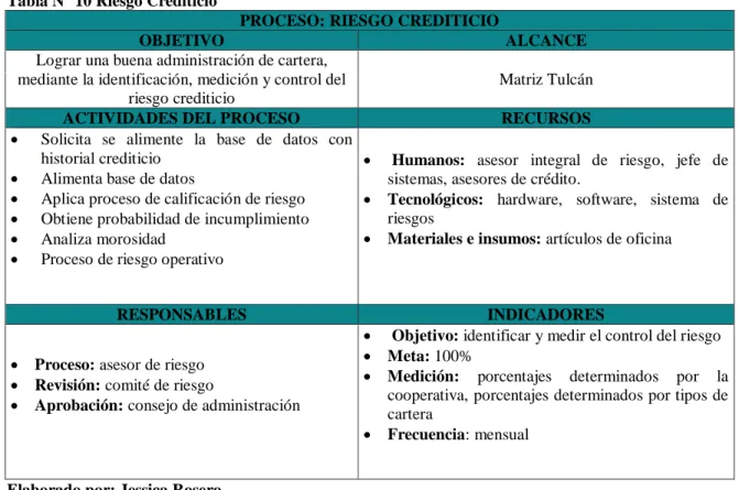 Tabla N° 10 Riesgo Crediticio 