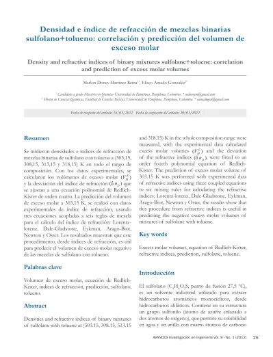 Densidad E índice De Refracción De Mezclas Binarias Sulfolano Tolueno