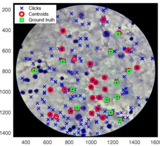 Fig. 1. Example using the clicks delivered by 20 gamers; Ground Truth  and Potential Parasites (Centroids)