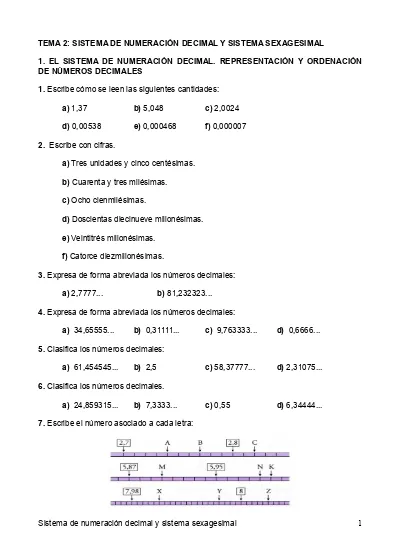 Tema 2 Sistema De NumeraciÓn Decimal Y Sistema Sexagesimal 1 El Sistema De NumeraciÓn Decimal