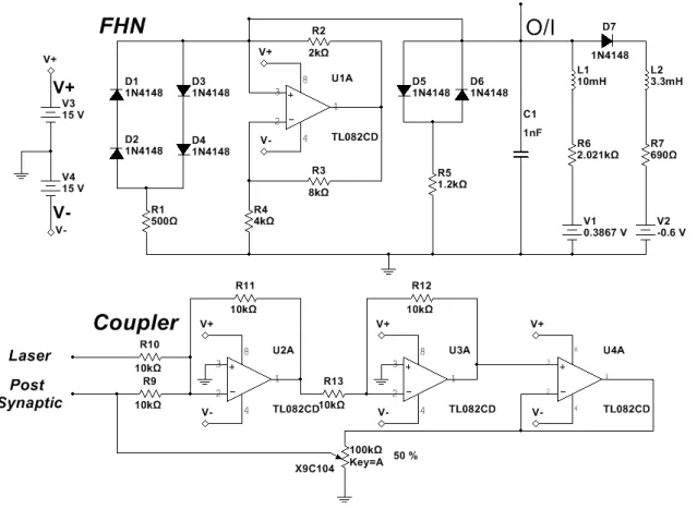 Figure 2. Electronic schemes of FitzHugh–Nagumo and coupler circuits.