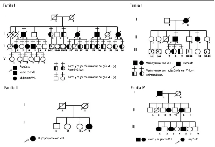 Figura 1. Se muestran las genealogías de los propósitos con enfermedad de VHL. Las familias I, II y IV muestran clásica herencia autosómica do- do-minante