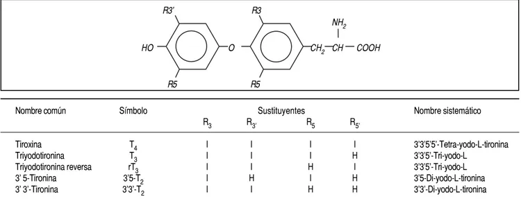 Figura 1. Estructura química y nomenclatura de las principales TH. La parte superior muestra la estructura química básica compuesta por dos ani- ani-llos del aminoácido tirosina