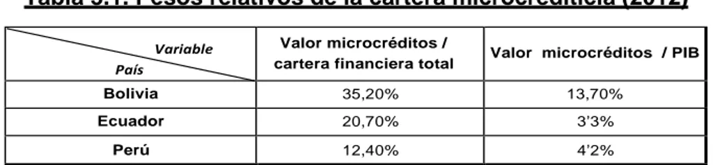 Tabla 3.1. Pesos relativos de la cartera microcrediticia (2012) 