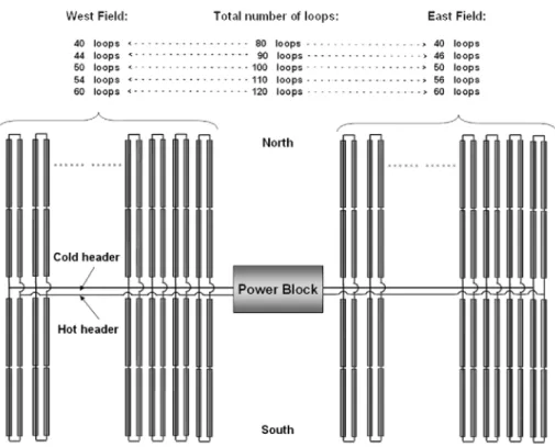 Fig. 4. Collector field layout considered for the parabolic trough solar power plant. 