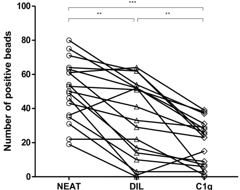 Fig 3. Number of positive beads after study of neat, diluted serum and C1q in highly-sensitized patients