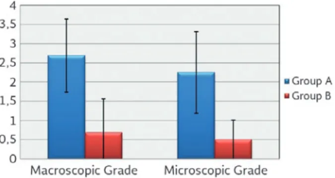 Table 4. Comparison of macroscopic and microscopic  grades between the experimental groups (Group A, control,  and Group B, bevacizumab).