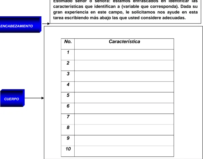 Tabla  4.  Cuestionario  para  identificar  características  de  las  variables.  Fuente:  elaborado  por  Frías, Roberto (2005)