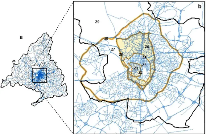 Fig. 5. Road network of the traffic model (a) and zoom to the city center with indication of the nine management areas (b) defined by the Madrid City Council, referred to as Zl to Z9