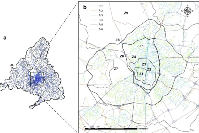 Fig. 1. Road network of the traffic model (a) and zoom to the city centre with indication of management areas (b), referred to as Zl—Z9 with distribution of road types in the  modelling domain