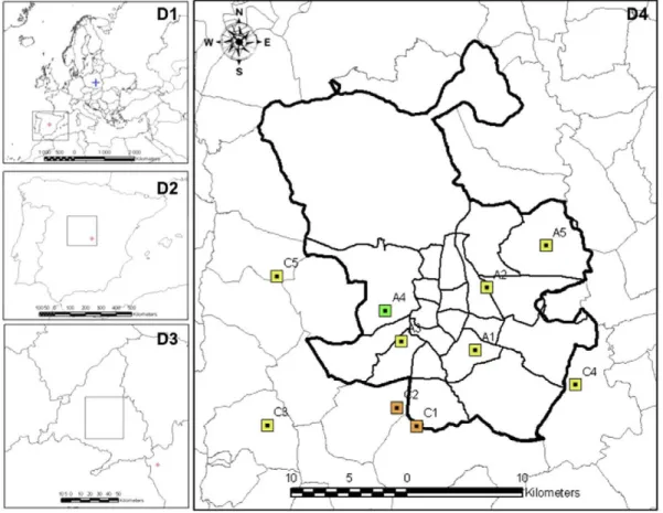 Fig. 3. Air quality modelling domains. The colour squares represent the location of air quality monitoring stations used for evaluation purposes in the 1 km 2  resolution modelling 