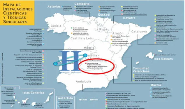 Figure 3: Map of Scientific Research and Technology Development installations  To  provide  the  Spanish  productive  sector  an  approach  to  the  hydrogen  economy  with  some leadership commensurate with the achievements so far  to renewable energy, th