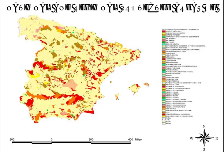 Figure 3: Map showing the protected areas of Spain  Protected Landscape 47.72 22.09 3.4016.60 0.003.306.890.000.00 0102030405060 1 2 3 5 6 7 8 9 10 Value% area