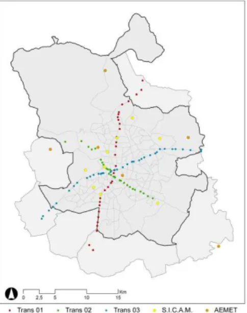 Fig. 1 Map of Madrid with the transects conducted on 2015, the 15 th  of July.  