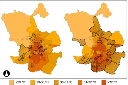Fig. 4 UHI of Madrid during summer nighttime and neighbourhoods with a proportion of people 