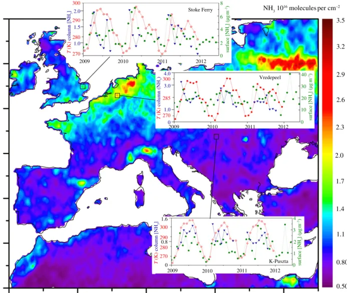 Figure 5. Satellite estimates of the NH 3 column (10 6 molecules cm 22 ) and ground temperature, showing the mean for 2009, 2010 and 2011 (from the infrared