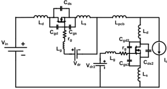 Figure 1.  Schematic circuit of the modeled synchronous buck  converter VinLs L dLsLgrgCgsLdLpcbVdr2 I oCds2LgrgVdrCdsCgdCgs2Cgd2