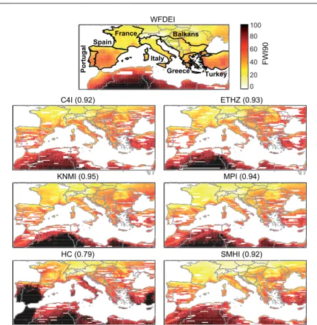 Fig. 2 FWI90 projections for the 20C3M scenario (1971-2000) according to the different EN- EN-SEMBLES RCMs and proxy version C3, and the corresponding C3 reference calculated using the WFDEI dataset