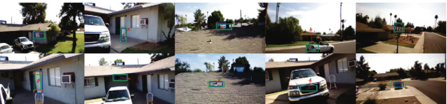 Fig. 6. Selection of on-board camera images showing targets upon which our system was tested: (house elements) a window with an AC machine, a chair, a door and a small window; (roof elements) AC machinery on the roof and a roof part; (car elements) a movin