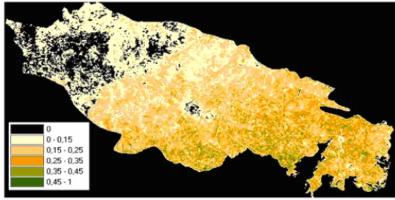 Figure 2: Tree coverage (values ranking from 0 to 1) per Landsat pixel in Pedroches area (Córdoba, 